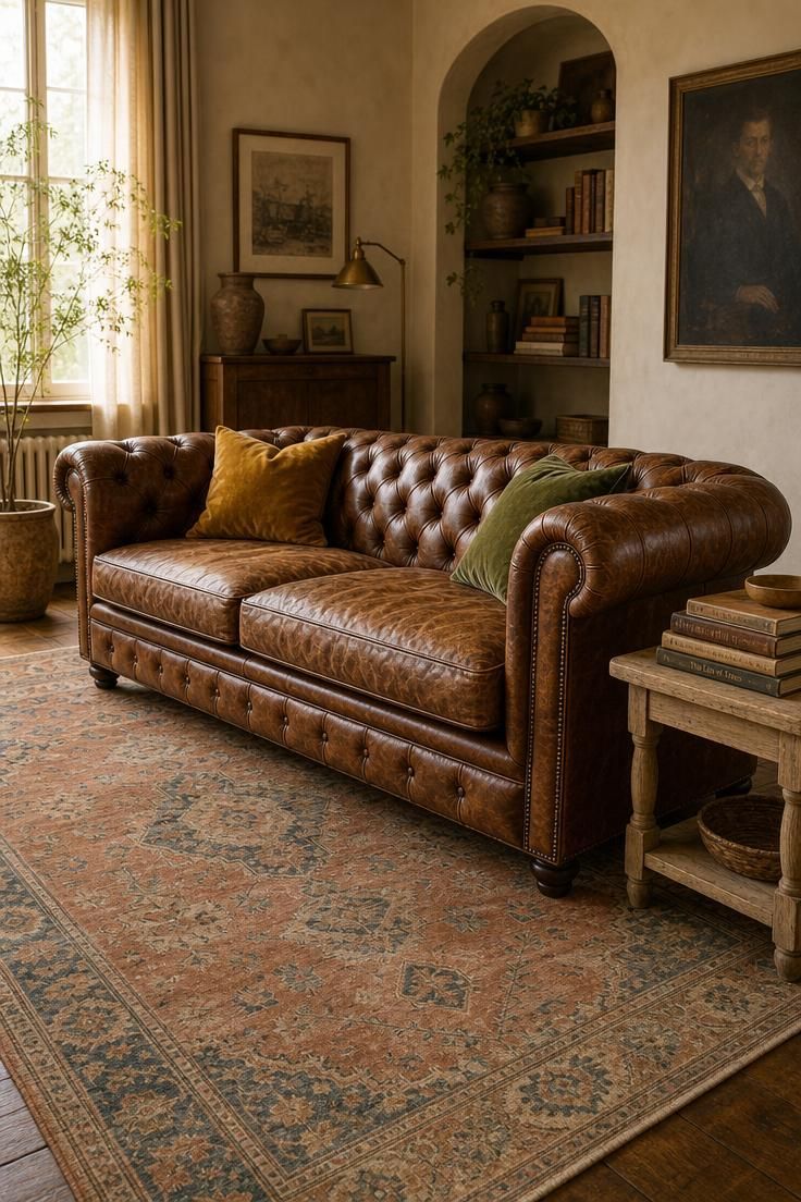 16 Warm Cozy Eclectic Home Ideas for Deep, Calm Comfort 1 Cognac leather chesterfield sofa with velvet pillows on a faded Oushak rug beside a pale oak side table with stacked books.