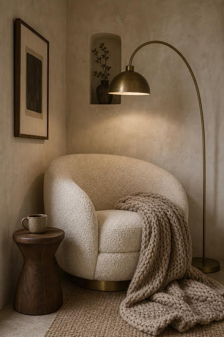 16 Warm Cozy Eclectic Home Ideas for Deep, Calm Comfort 2 Curved bouclé swivel chair in a limewashed reading nook with a brass floor lamp and chunky knit throw.