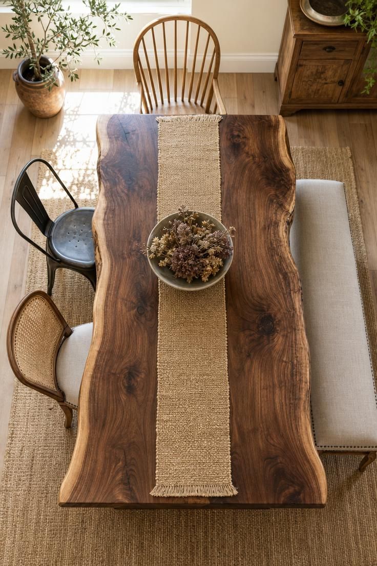16 Warm Cozy Eclectic Home Ideas for Deep, Calm Comfort 3 Live-edge walnut dining table with mixed chairs, jute runner, and dried botanicals from overhead.