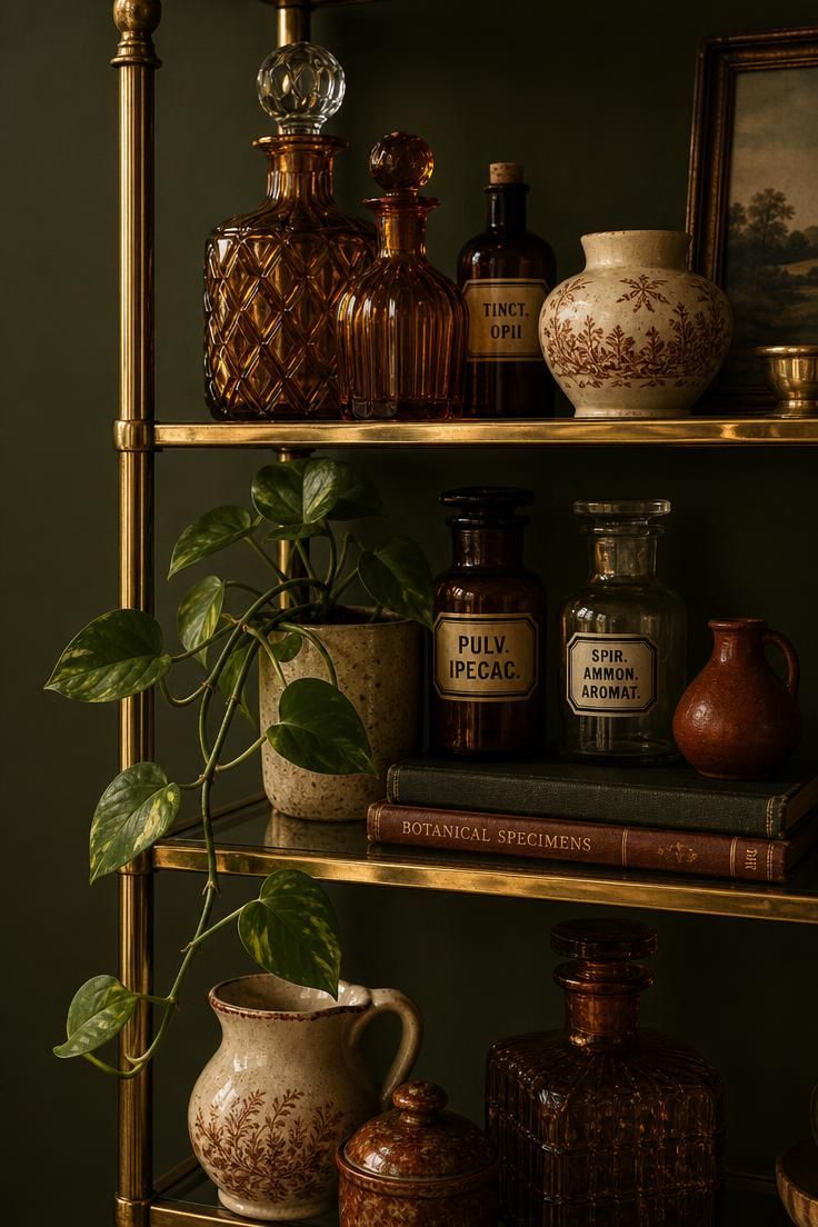 16 Warm Cozy Eclectic Home Ideas for Deep, Calm Comfort 4 Brass étagère with apothecary glass and trailing pothos against a deep olive wall.