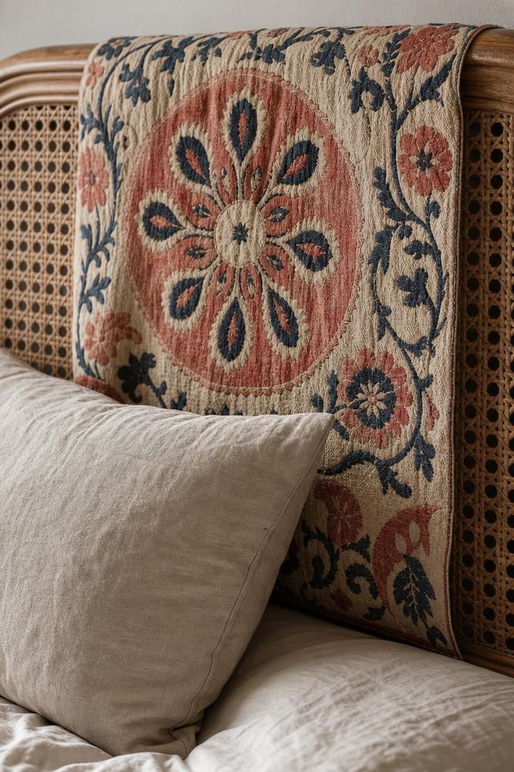 16 Warm Cozy Eclectic Home Ideas for Deep, Calm Comfort 5 Vintage Suzani textile draped over a cane headboard with linen pillow and soft diffused light.