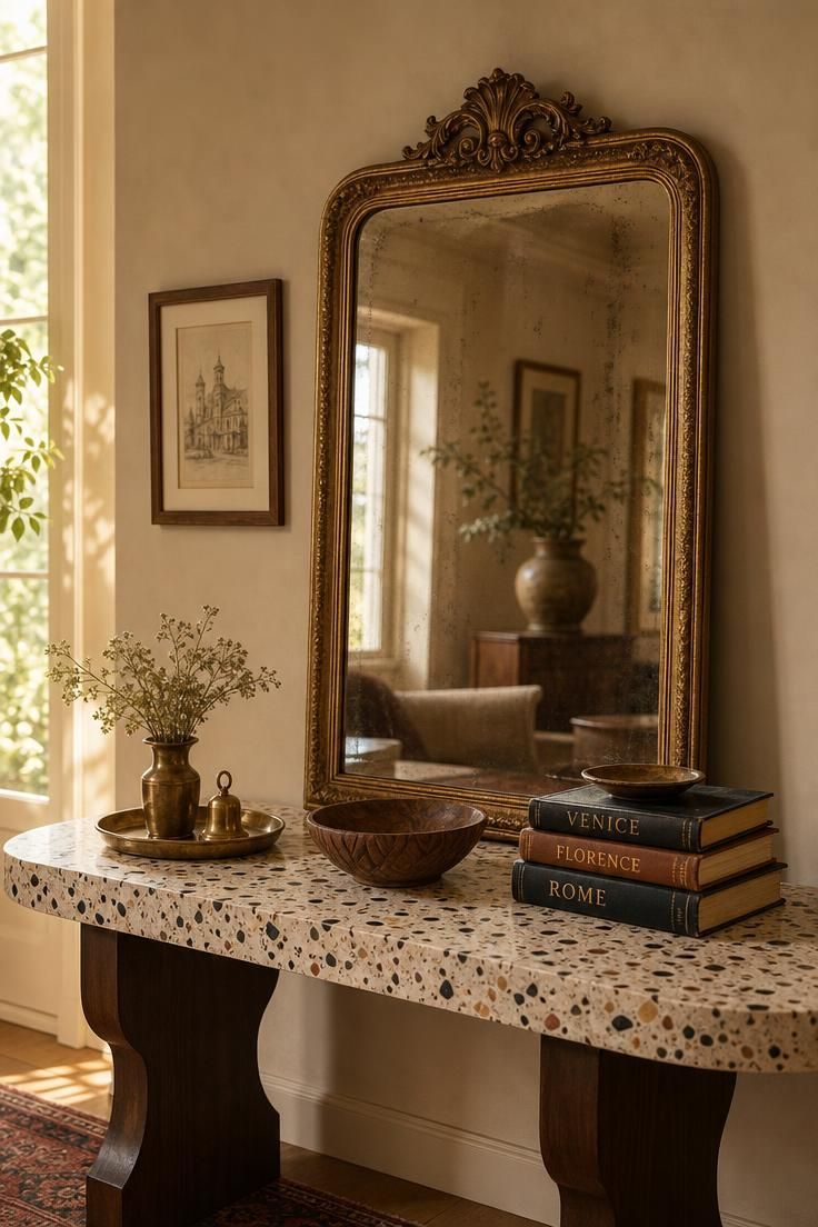 16 Warm Cozy Eclectic Home Ideas for Deep, Calm Comfort 6 Terrazzo console with brass tray, carved wood bowl, travel books, and a leaning gilt mirror.