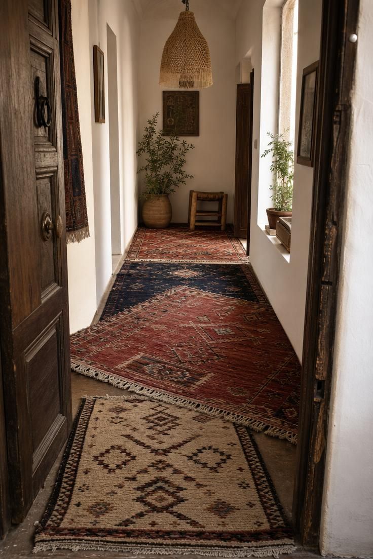 16 Warm Cozy Eclectic Home Ideas for Deep, Calm Comfort 7 Layered Moroccan and Berber runners in a sunlit hallway with a woven pendant light at the far end.