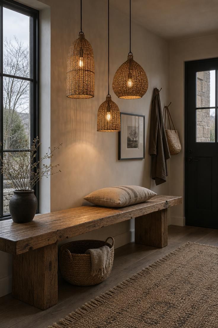 16 Warm Cozy Eclectic Home Ideas for Deep, Calm Comfort 8 Three wicker pendants at varying heights above a reclaimed oak bench with linen cushion and woven basket.