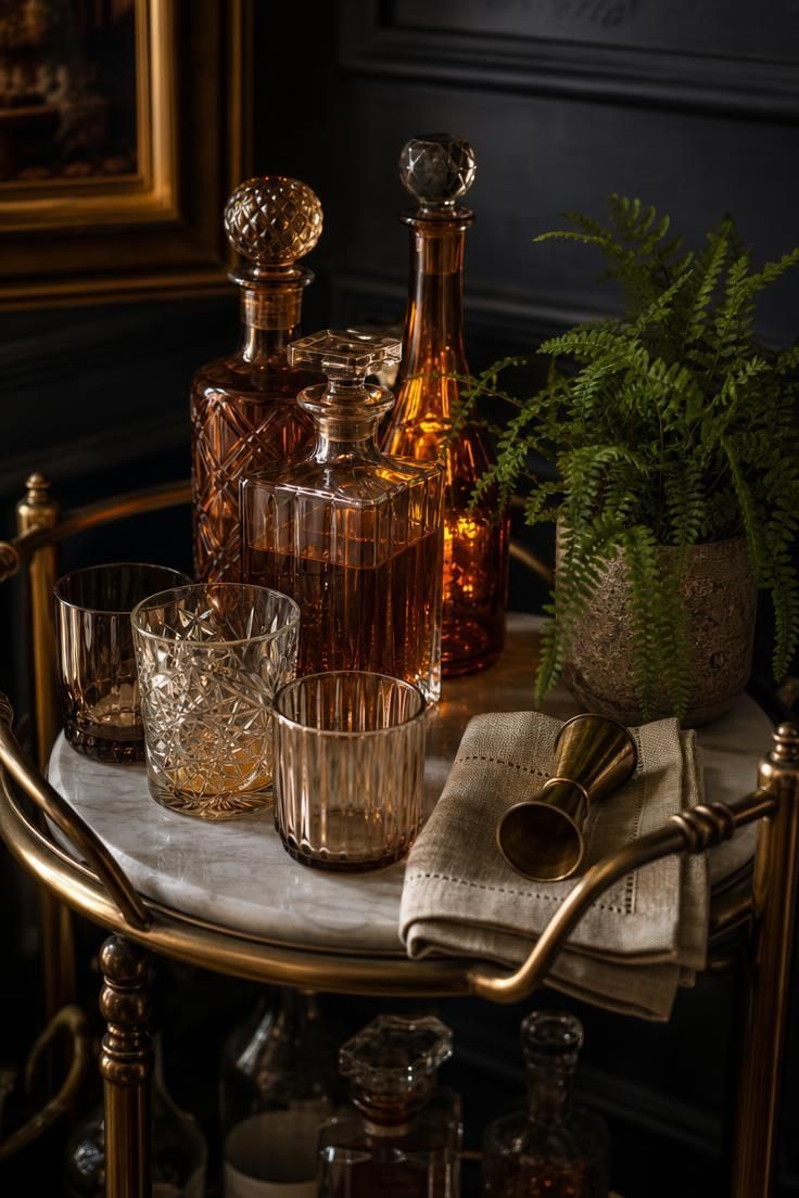 16 Warm Cozy Eclectic Home Ideas for Deep, Calm Comfort 9 Brass bar cart with marble top, amber glass decanters, crystal tumblers, and a small potted fern.