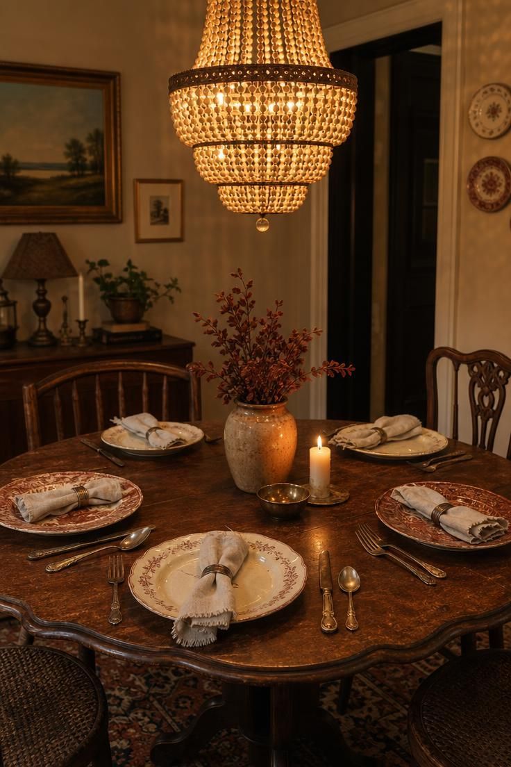 16 Warm Cozy Eclectic Home Ideas for Deep, Calm Comfort 10 Scalloped-edge round dining table with beaded chandelier, linen napkins, and mismatched ceramic plates.