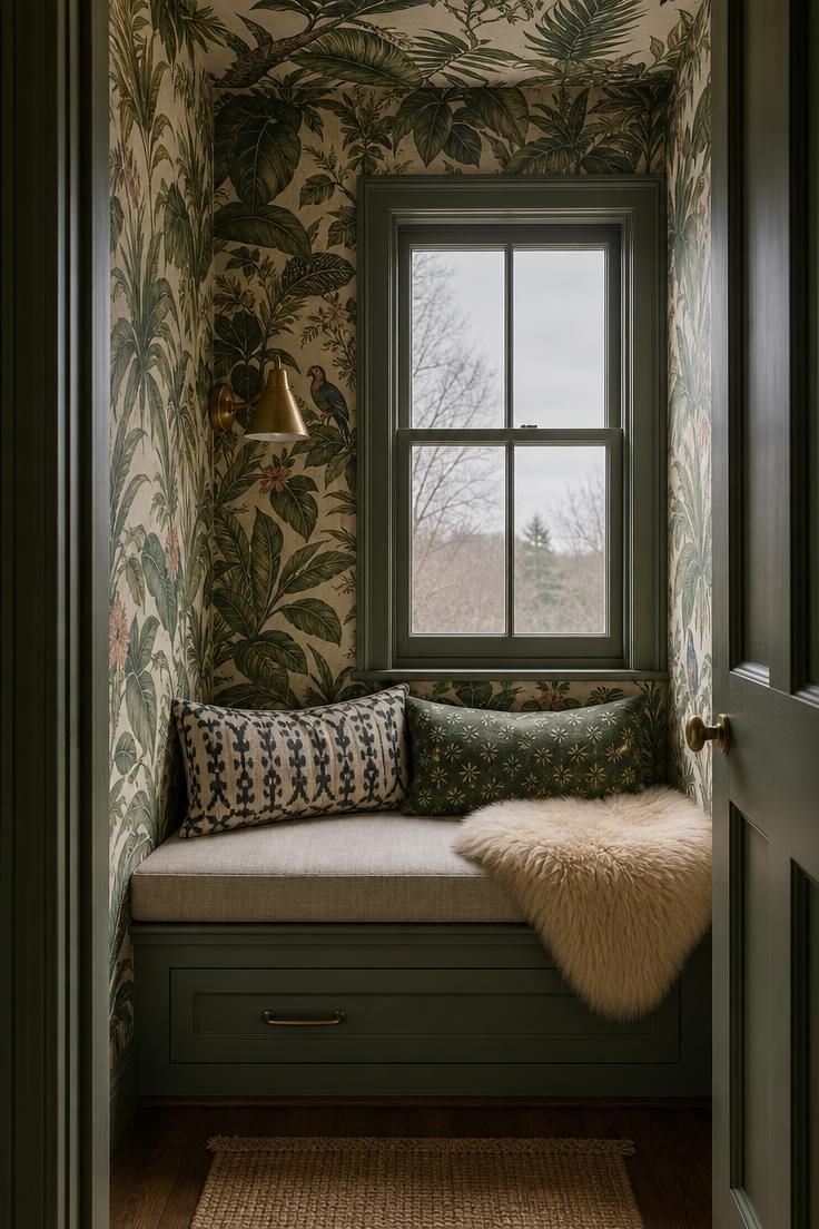 16 Warm Cozy Eclectic Home Ideas for Deep, Calm Comfort 11 Botanical wallpaper wrapping a window reading nook with linen bench, sheepskin throw, and brass sconce.