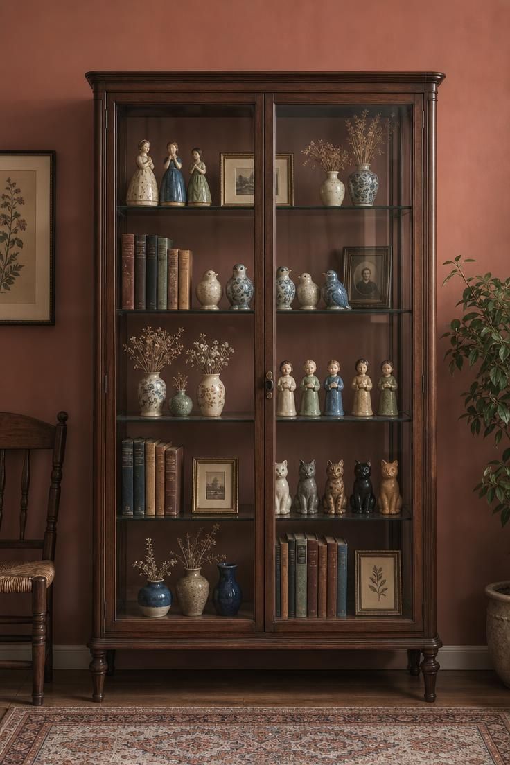 16 Warm Cozy Eclectic Home Ideas for Deep, Calm Comfort 12 Glass curio cabinet with ceramic figurines, framed photos, vintage books, and dried botanicals against a terracotta wall.