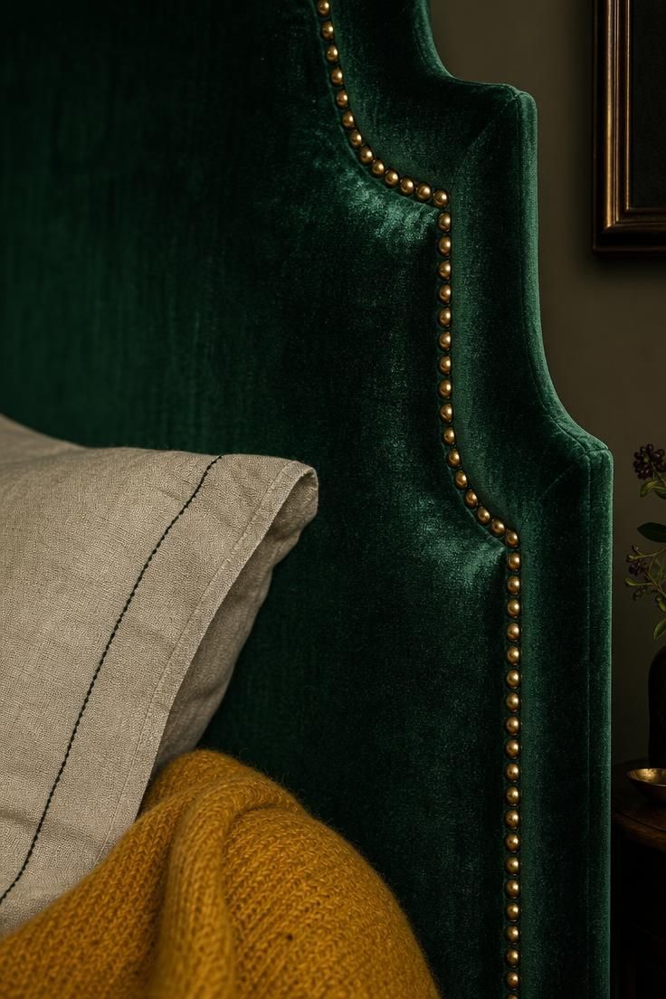 16 Warm Cozy Eclectic Home Ideas for Deep, Calm Comfort 13 Emerald velvet headboard with brass nailhead trim, linen sham, and mustard wool throw.