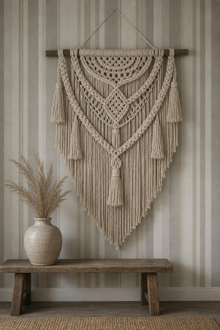 16 Warm Cozy Eclectic Home Ideas for Deep, Calm Comfort 14 Macrame wall hanging over striped wallpaper with a low bench and ceramic vessel of dried grass.