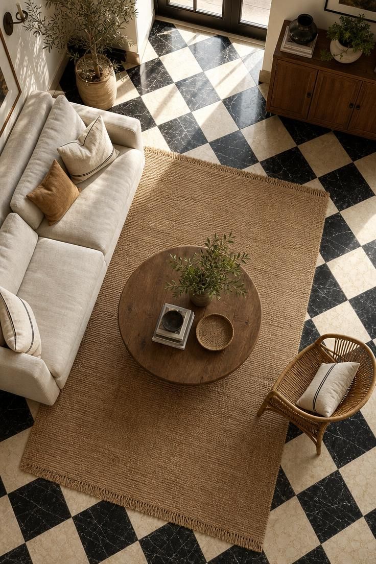 16 Warm Cozy Eclectic Home Ideas for Deep, Calm Comfort 15 Checkerboard marble floor with jute rug, linen sofa, round wood coffee table, and rattan chair from above.
