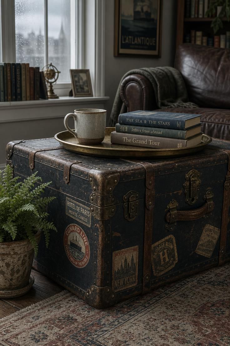 16 Warm Cozy Eclectic Home Ideas for Deep, Calm Comfort 16 Vintage steamer trunk coffee table with brass tray, ceramic mug, books, and a potted fern.