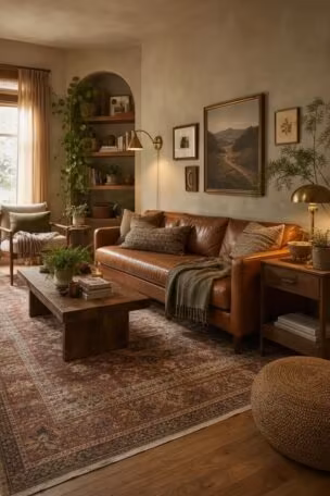 Cozy eclectic living room with leather sofa, patterned rug, mixed woods, brass lamps, plants, and layered textiles in warm earth tones.