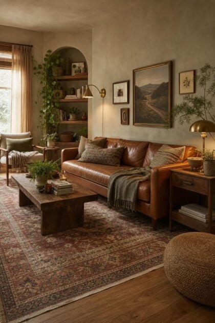 16 Warm Cozy Eclectic Home Ideas for Deep, Calm Comfort Cozy eclectic living room with leather sofa, patterned rug, mixed woods, brass lamps, plants, and layered textiles in warm earth tones.
