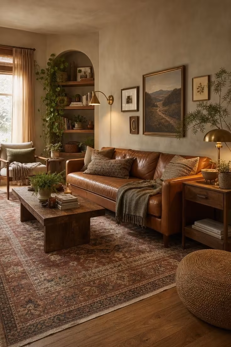 Simple Spaces 16 Cozy eclectic living room with leather sofa, patterned rug, mixed woods, brass lamps, plants, and layered textiles in warm earth tones.