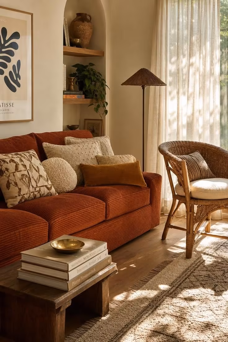 11 Cozy Eclectic Living Room Ideas Full of Warmth and Charm 1 Rust corduroy sofa with mismatched throw pillows beside a rattan accent chair in warm golden light.
