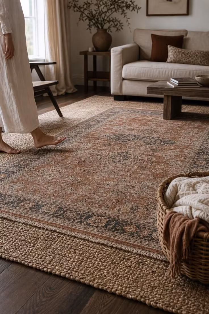 11 Cozy Eclectic Living Room Ideas Full of Warmth and Charm 2 Faded Persian rug layered over a jute rug on a living room floor in soft diffused light.