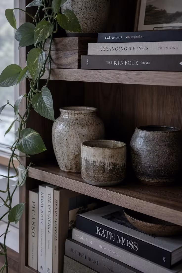 11 Cozy Eclectic Living Room Ideas Full of Warmth and Charm 3 Walnut bookshelf styled with stoneware pottery and a trailing pothos vine in cool overcast light.