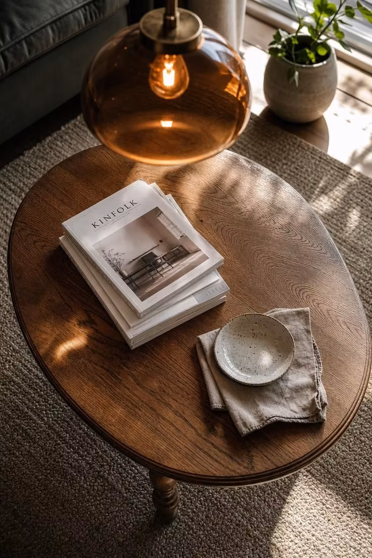 11 Cozy Eclectic Living Room Ideas Full of Warmth and Charm 4 Amber glass pendant light glowing above a vintage oak coffee table styled with magazines and ceramics.