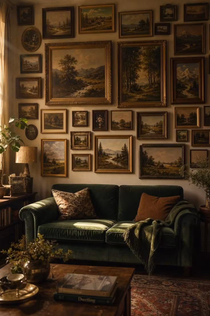 11 Cozy Eclectic Living Room Ideas Full of Warmth and Charm 6 Gallery wall of thrifted landscape paintings in mismatched frames above a green velvet loveseat.