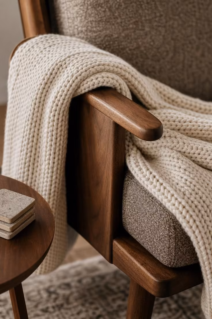 11 Cozy Eclectic Living Room Ideas Full of Warmth and Charm 7 Chunky cream knit throw draped over a mid-century walnut armchair in soft diffused light.