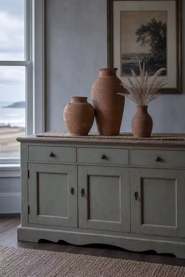 11 Cozy Eclectic Living Room Ideas Full of Warmth and Charm 8 Terracotta vase collection on a sage green vintage sideboard in cool overcast light.