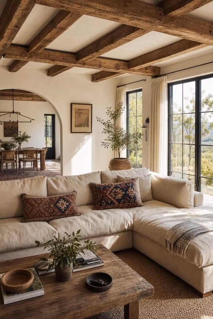 11 Cozy Eclectic Living Room Ideas Full of Warmth and Charm 9 Exposed wood-beam ceiling above a linen sectional styled with rust and indigo kilim pillows.