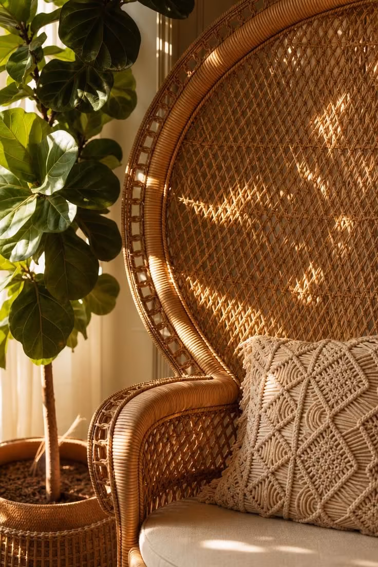 11 Cozy Eclectic Living Room Ideas Full of Warmth and Charm 11 Woven rattan peacock chair beside a tall potted fig tree in dappled golden afternoon light.