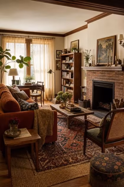 11 Cozy Eclectic Living Room Ideas Full of Warmth and Charm A cozy eclectic living room with a rust corduroy sofa, layered rugs, and a brick fireplace in warm light.