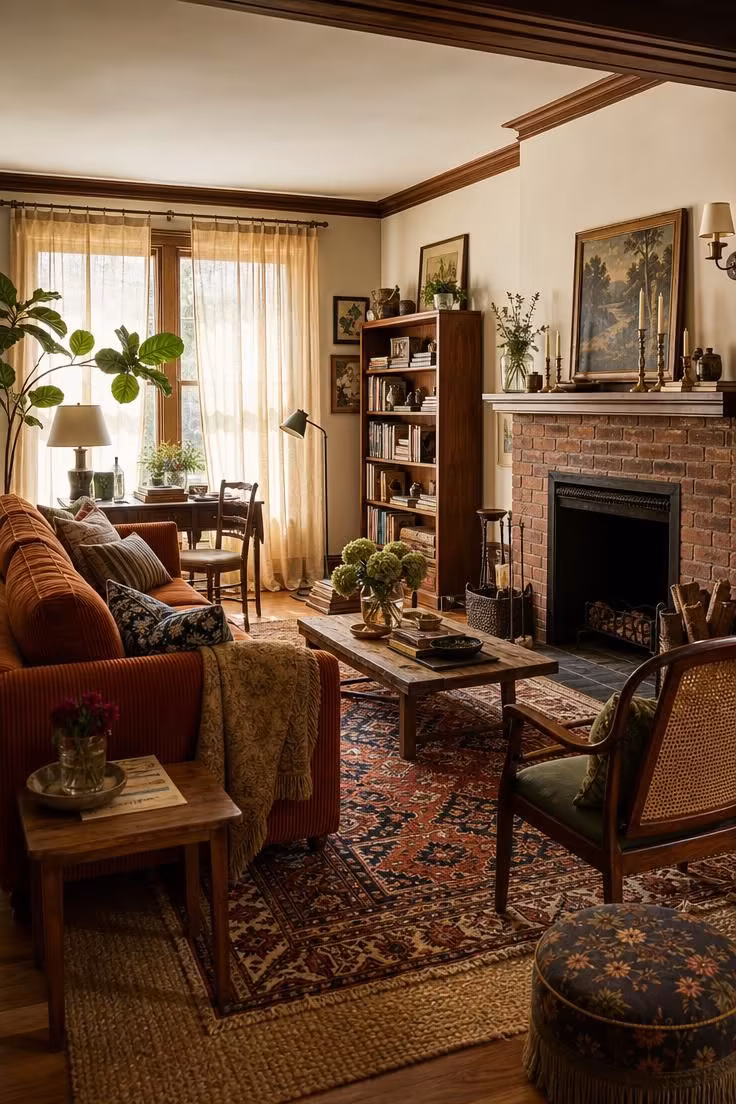 Simple Spaces 14 A cozy eclectic living room with a rust corduroy sofa, layered rugs, and a brick fireplace in warm light.