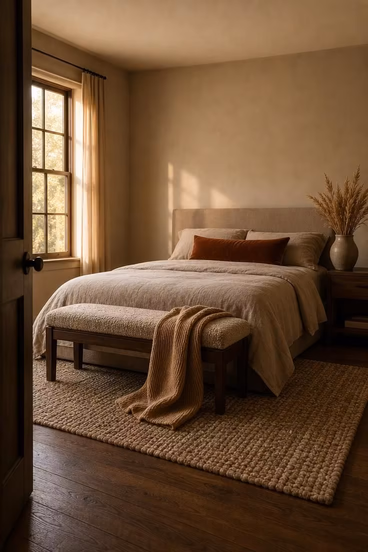 11 Warm & Inviting Cozy Fall Bedroom Retreat Tips Now 1 A camel wool throw cascades off a walnut bench at the foot of a bed with a greige linen duvet and rust velvet pillow.