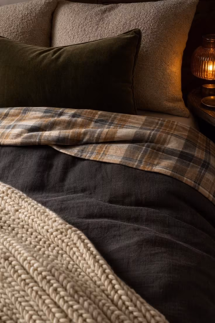 11 Warm & Inviting Cozy Fall Bedroom Retreat Tips Now 2 A muted plaid flannel sheet folded over a charcoal linen duvet with oat bouclé pillows and an olive velvet cushion.