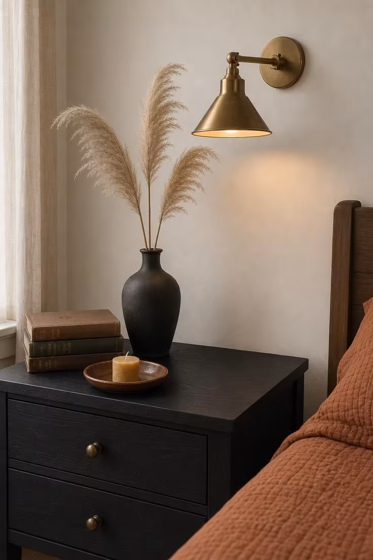 11 Warm & Inviting Cozy Fall Bedroom Retreat Tips Now 3 Dried pampas stems in a charcoal stoneware vase on a black nightstand with a brass sconce and rust ceramic dish.