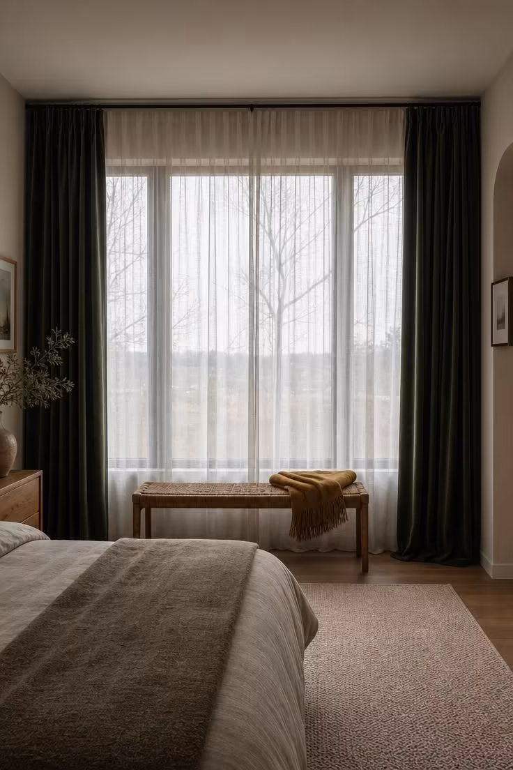 11 Warm & Inviting Cozy Fall Bedroom Retreat Tips Now 4 Forest green velvet curtains drawn back to reveal sheer gauze panels over a floor-length window with a rattan bench below.
