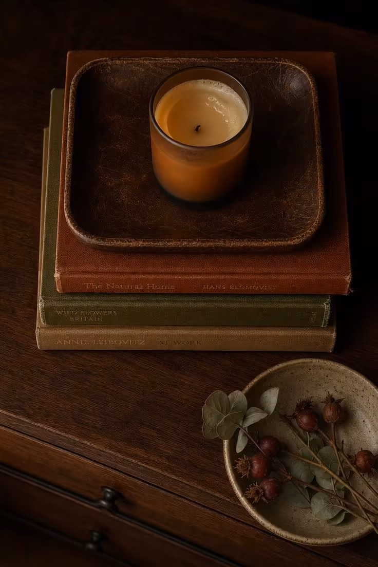 11 Warm & Inviting Cozy Fall Bedroom Retreat Tips Now 5 A frosted glass candle on a worn leather tray beside a stack of cloth-bound books in rust, olive, and tan.