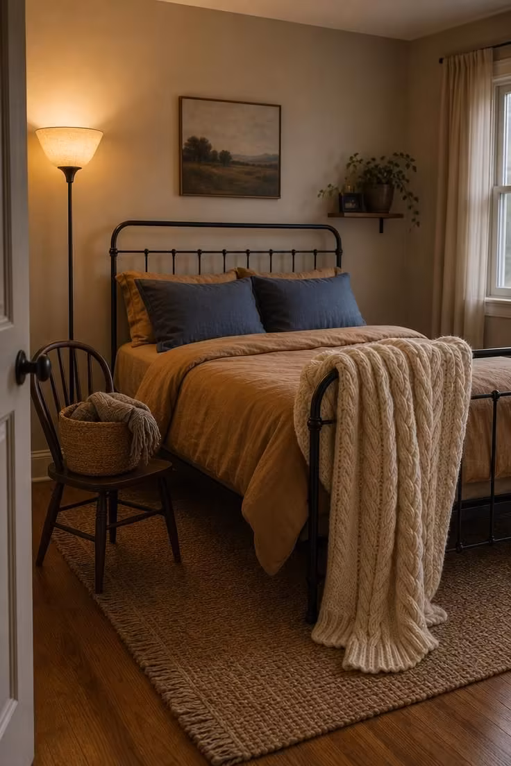 11 Warm & Inviting Cozy Fall Bedroom Retreat Tips Now 6 A chunky oat cable-knit throw draped over a black wrought iron bed with a camel duvet and slate-blue pillow shams.