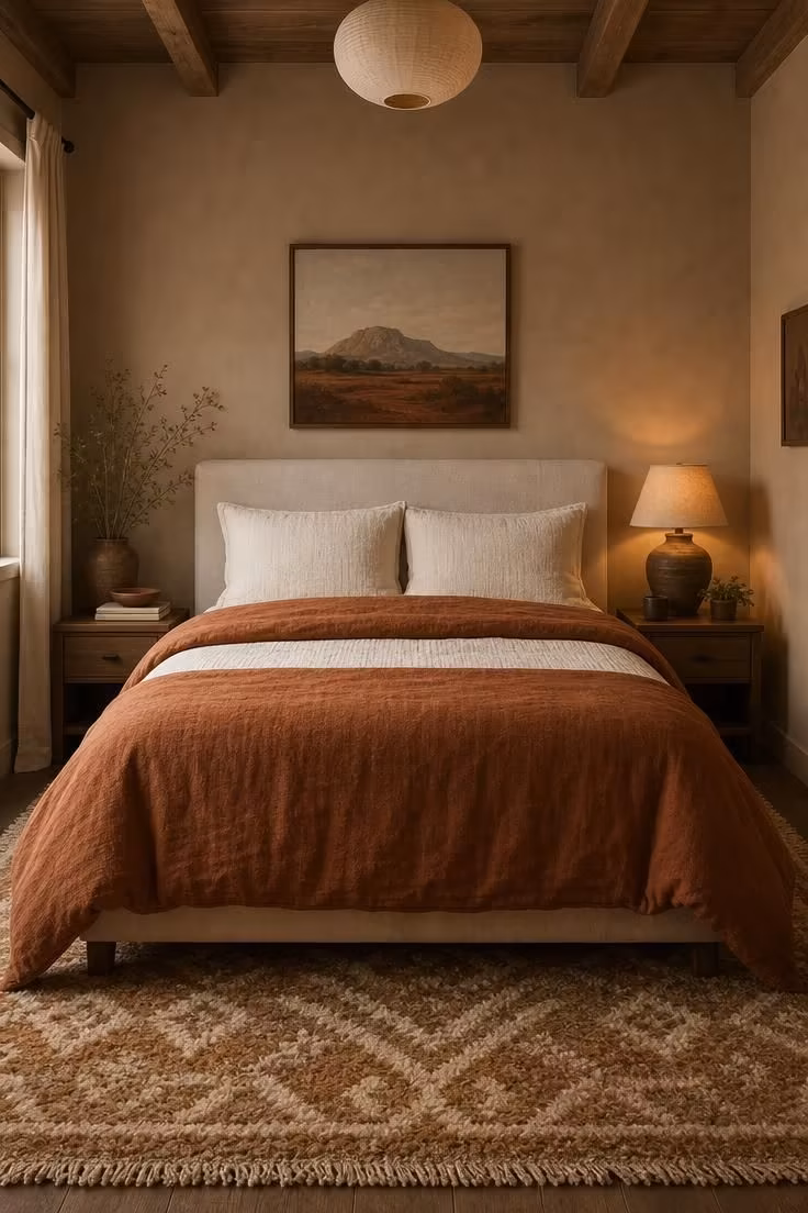 11 Warm & Inviting Cozy Fall Bedroom Retreat Tips Now 9 A rust linen duvet folded back over a cream matelassé coverlet on a bed with cream shams and a rust ceramic dish nearby.