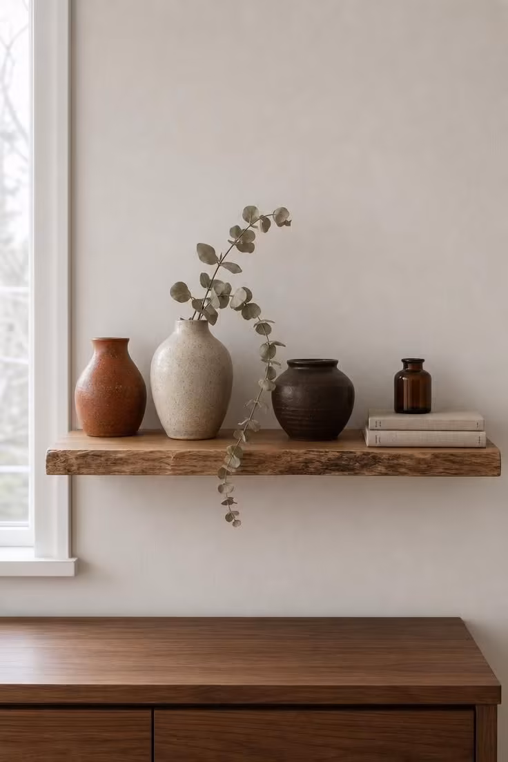 11 Warm & Inviting Cozy Fall Bedroom Retreat Tips Now 11 Hand-thrown ceramic vessels in rust, oat, and deep brown on a live-edge oak shelf with a dried eucalyptus branch.