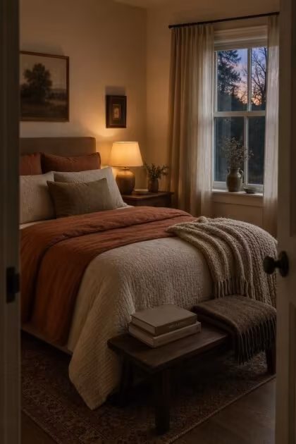 11 Warm & Inviting Cozy Fall Bedroom Retreat Tips Now A cozy fall bedroom at dusk with a rust linen duvet, cream matelassé coverlet, knit throw, walnut bench, and soft layered lighting.