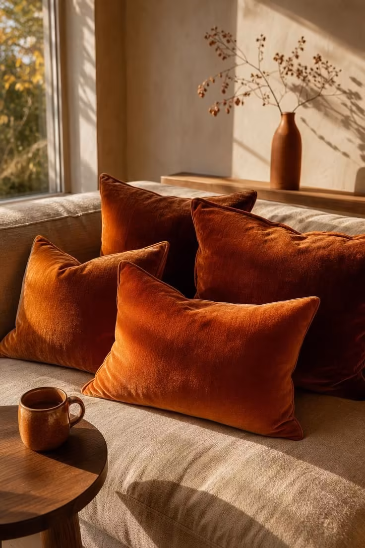 Burnt orange velvet cushions piled on a low oatmeal linen sofa in warm golden afternoon light