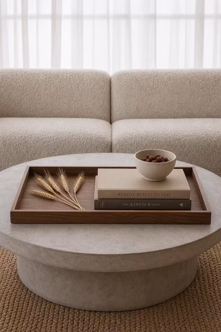 Walnut tray with dried wheat and stoneware bowl on a concrete coffee table in soft diffused light
