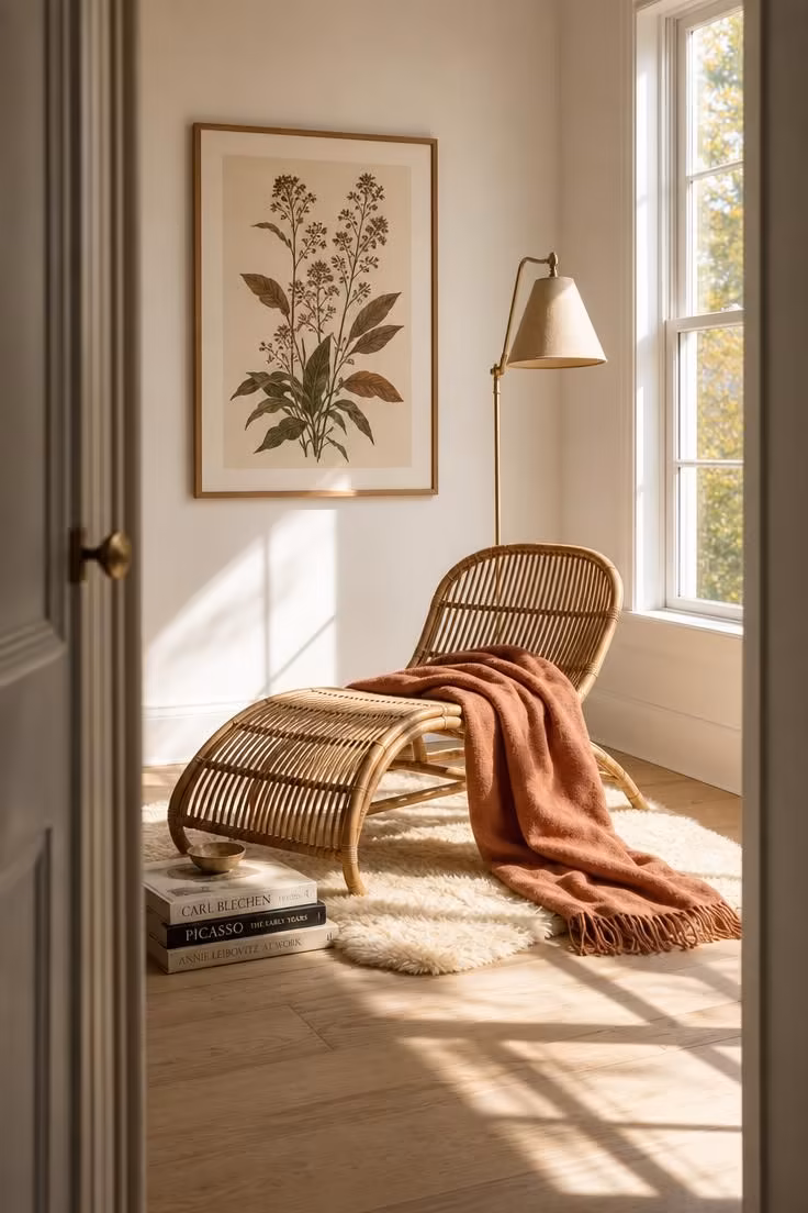 Terracotta wool throw draped over a curved rattan lounge chair in bright midday sunlight
