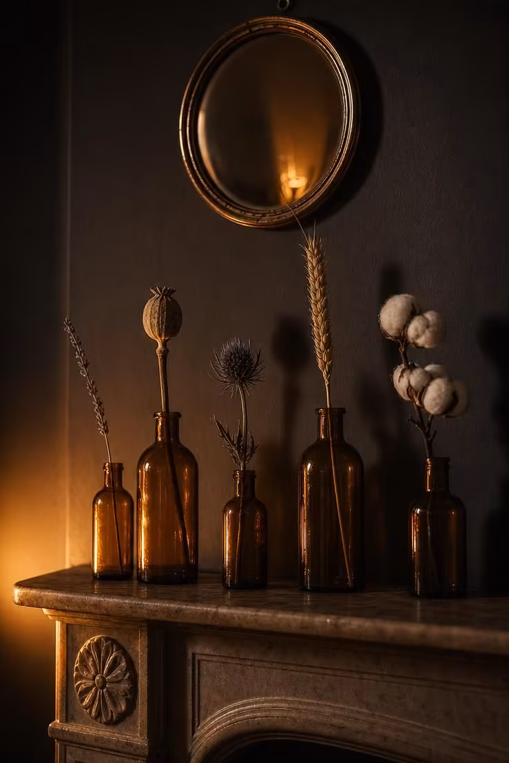 Row of amber glass bottles with single dried stems on a stone mantel in moody low light