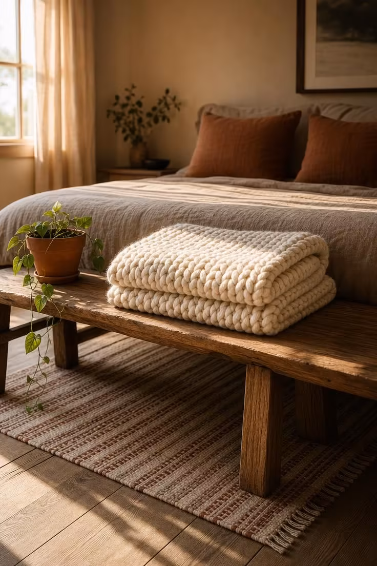Chunky knit throw blanket folded on an elm wood bench at the foot of a bed in warm golden light