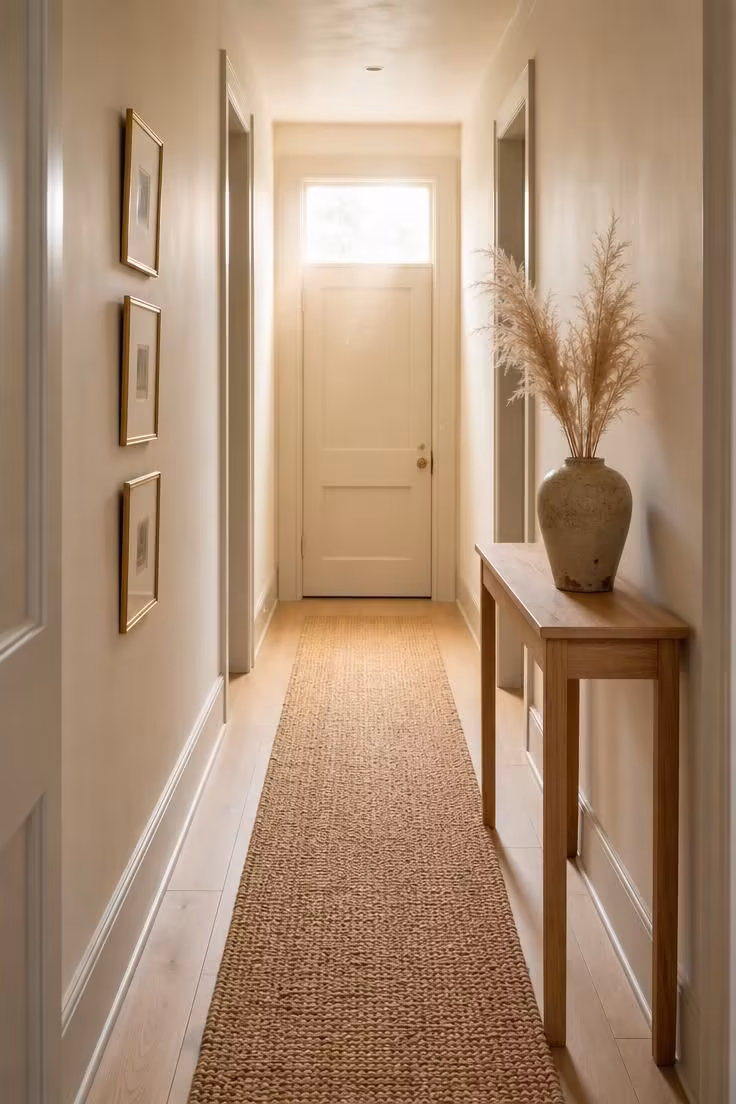 Jute runner layered over wide-plank oak floors in a hallway with bright midday light