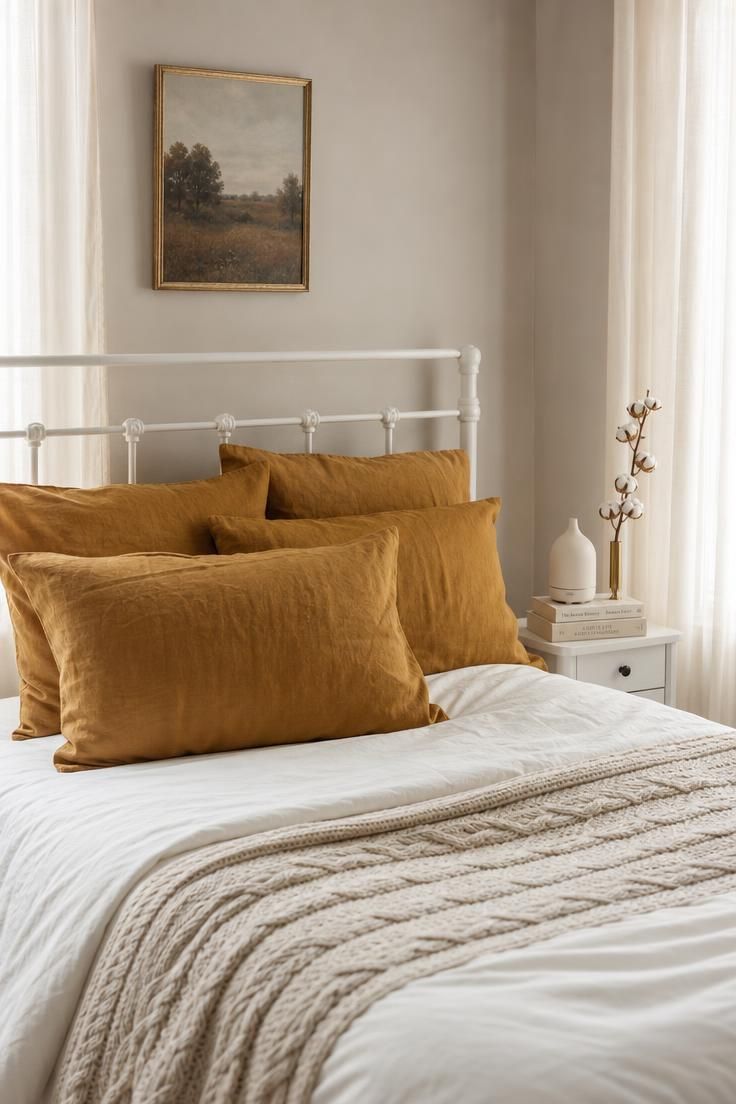 Mustard linen pillowcases stacked on a white iron bed frame in soft diffused light