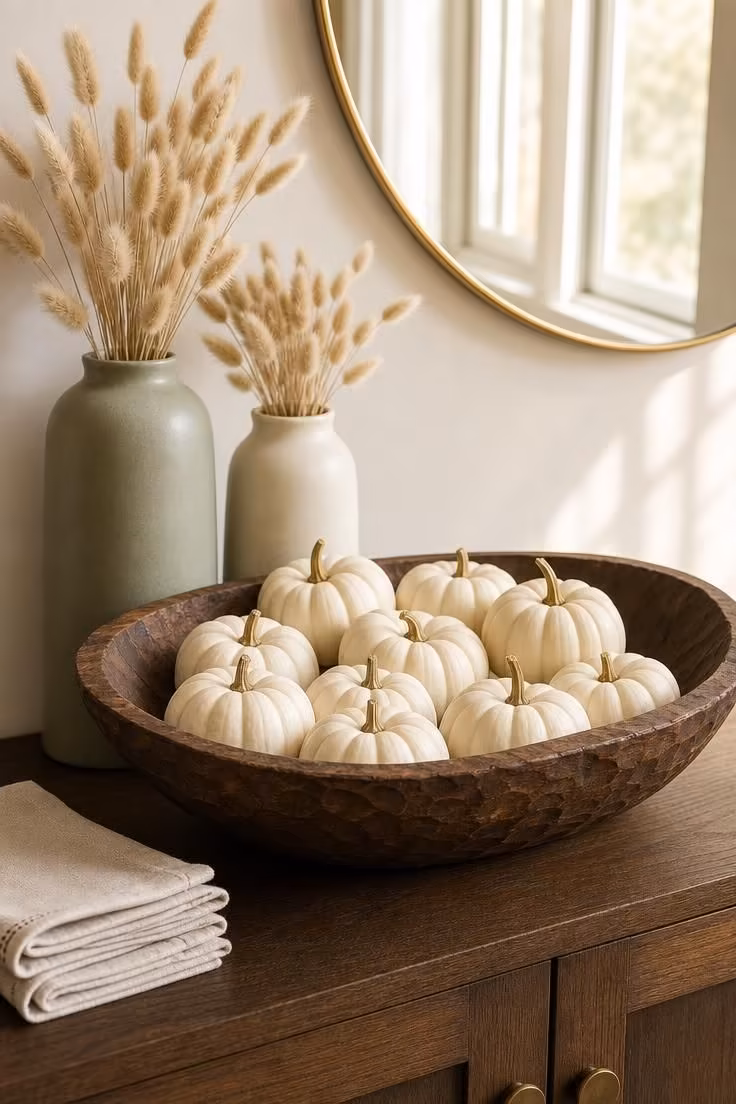 Carved wooden bowl with miniature white pumpkins on a dark oak sideboard in warm golden light