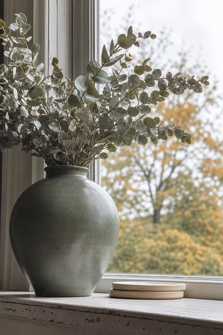 Sage green ceramic vase with dried eucalyptus on a deep windowsill in cool overcast light