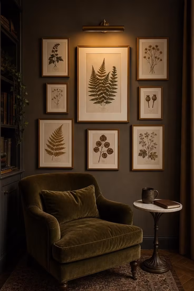 Earth-tone botanical gallery wall with pressed fern prints above an olive velvet reading chair in moody low light