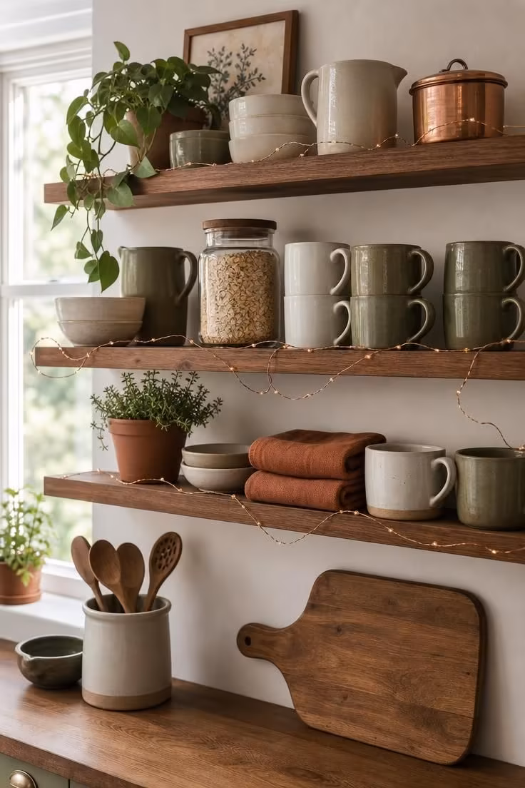 Copper string light garland wound through open kitchen shelves with ceramic mugs and dried oats in soft diffused light